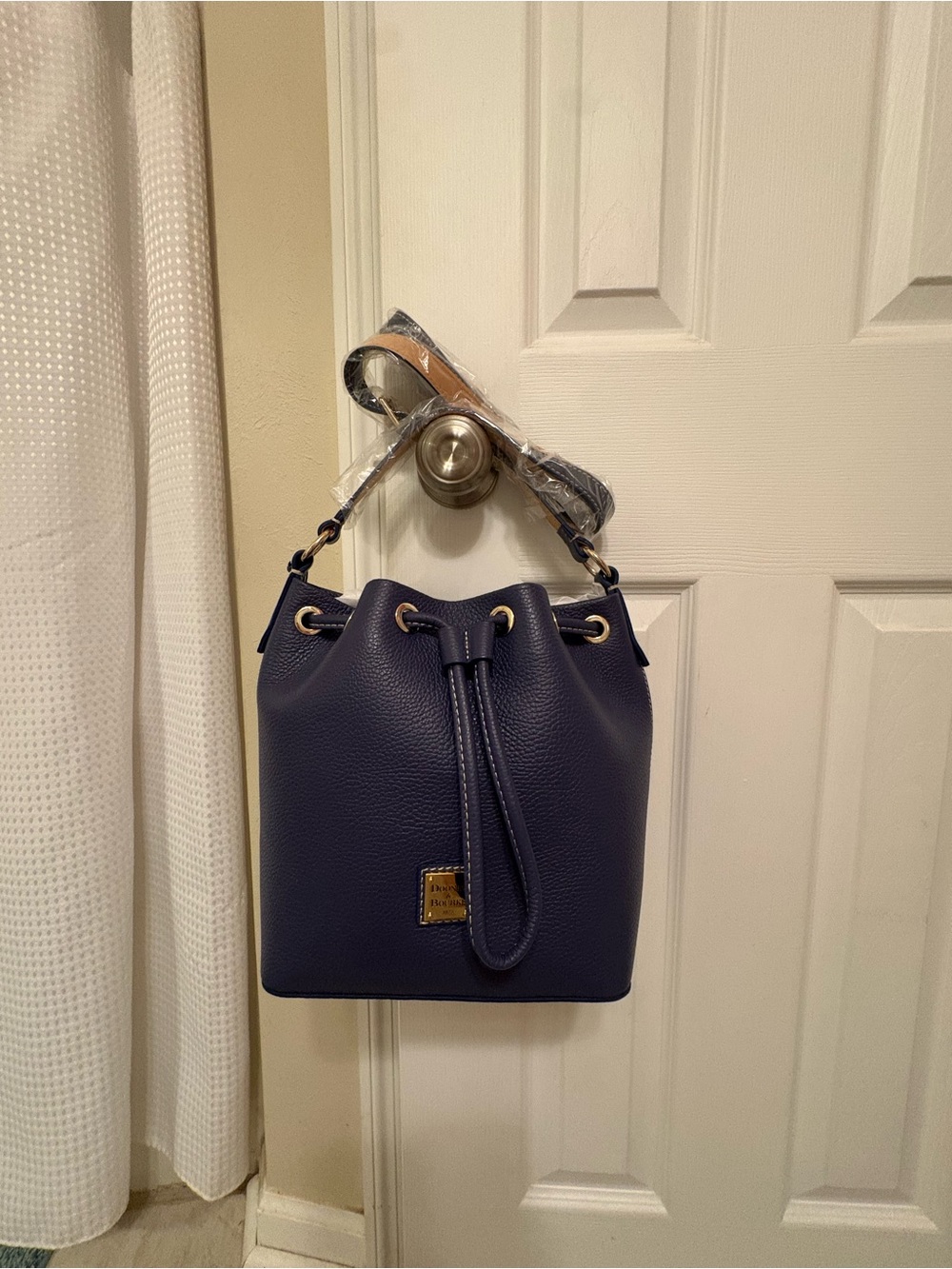 Dooney & Bourke Navy Pebbled Leather Drawstring Bucket Bag